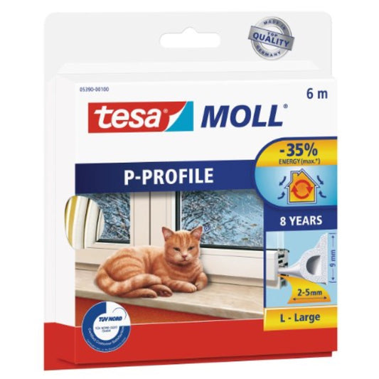 TESA Tæt.liste P-profil hvid - 6m x 9mm x 5,5mm (10)