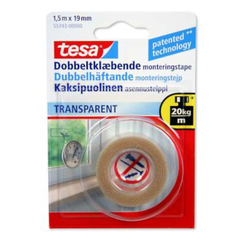 TESA Dob.klæb. monteringstape Trsp - 1,5m x 19mm (12)